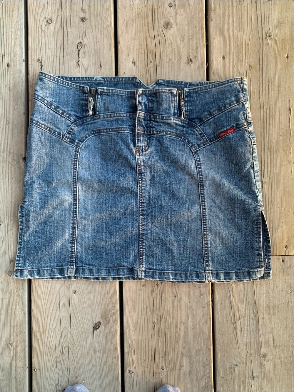 Y2K Low Rise Grunge Denim Mini Skirt Foxy Jeans Zipper Slits Sz 13 Stretch Flaw